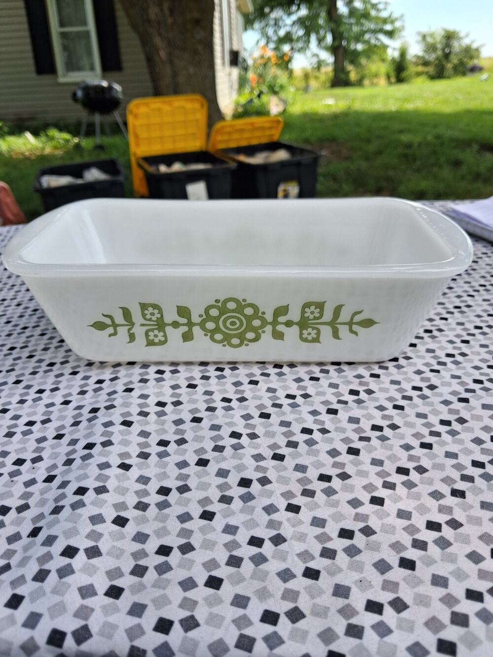 vtg Glasbake Milk Glass Loaf Pan Baking Dish 1-1/2 Qt w Green Modern Flowers